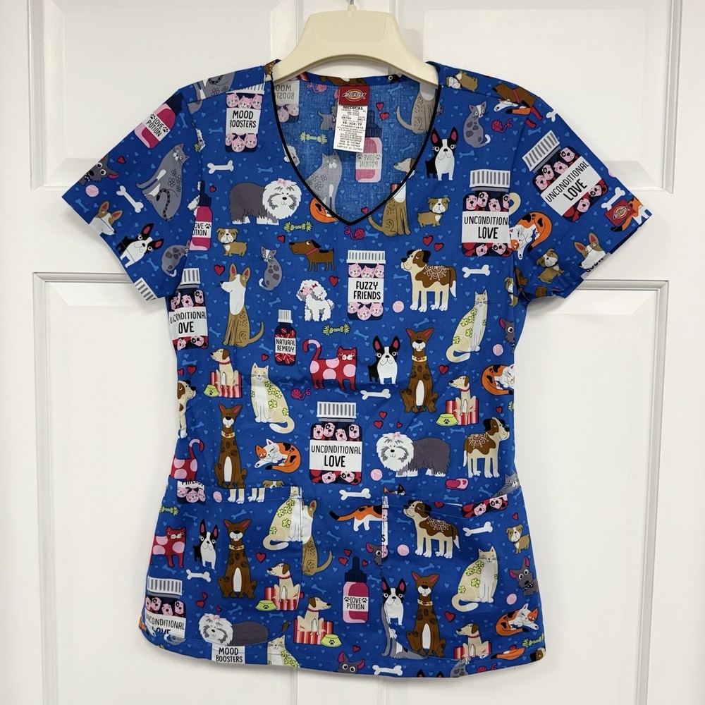 NWT Dickies Scrub Top Dogs & Cats XS Blue Unconditional Love Cotton Scrubs Vet